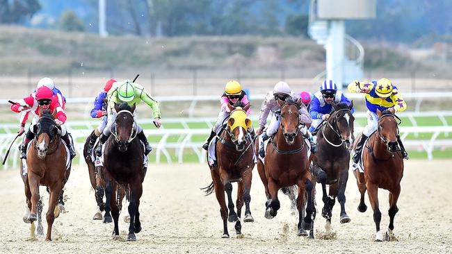 Pictured is the Pakenham polytrack grand opening at Racing.com Park in Tynong on 26 May 2015. Race 5 the Racing.com Maiden Plate over 1380 metres, number 6 Taqneen a 3 year old bay or brown gelding ridden by Michael Walker with blue and white striped cap. Picture: Derrick den Hollander
