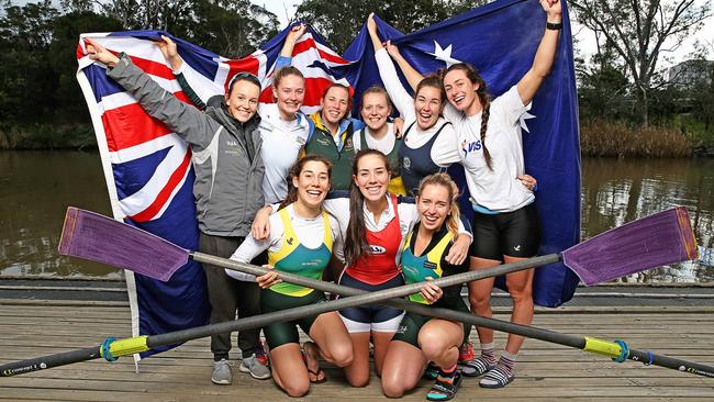 The eight’s crew, top, Sarah Banting (cox), Georgina Gotch, Megan Volker, Charlotte Sutherland, Alex Hagan, Jessica Morrison; bottom, Fiona Albert, Molly Goodman, Lucy Stephan. Picture: Tim Carrafa