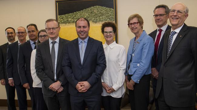 Josh Frydenberg, centre, pictured in 2018 with Reserve Bank governor Philip Lowe, fifth from left, and RBA board members including Wendy Craik, third from right. Picture: AAP