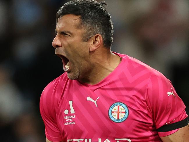 MELBOURNE, AUSTRALIA - MAY 05: Melbourne City goalkeeper Jamie Young celebrates saving a penalty from Leigh Broxham of the Victory during the A-League Men Elimination Final match between Melbourne Victory and Melbourne City at AAMI Park, on May 05, 2024, in Melbourne, Australia. (Photo by Robert Cianflone/Getty Images)