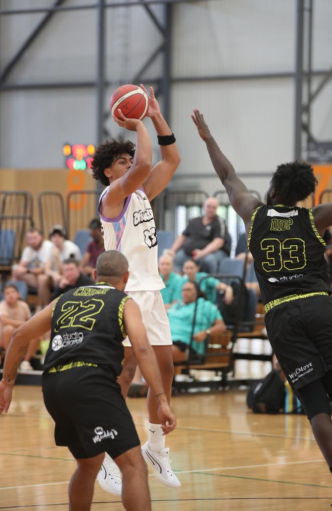 Basketball Queensland First Nations Championships at Coomera. Dreamers (white) v Erub Utd. Picture Glenn Hampson