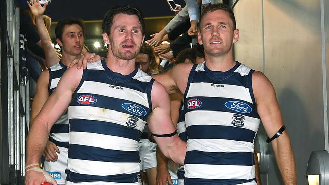 Patrick Dangerfield and Joel Selwood celebrate after the match. Picture: Getty Images 