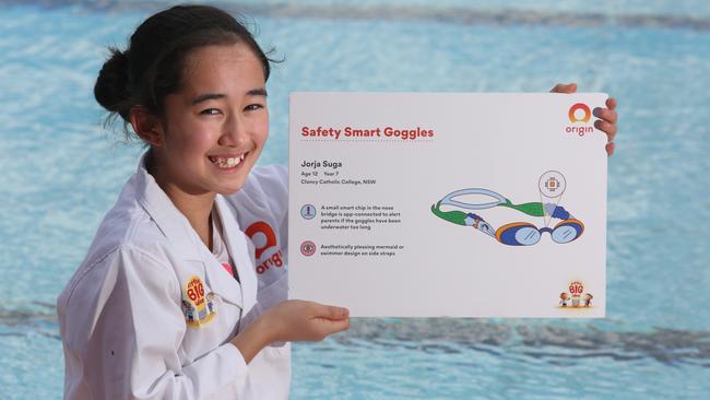 Clancy Catholic College student Jorja Suga with her design for Safety Smart Goggles. Picture: Robert Pozo