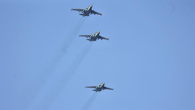 Fighter jets fly in formation during joint exercises of the armed forces of Russia and Belarus as part of a military excercise at the Gozhsky firing range in the Grodno region, against the backdrop of tensions between the West and Russia over neighbouring Ukraine.