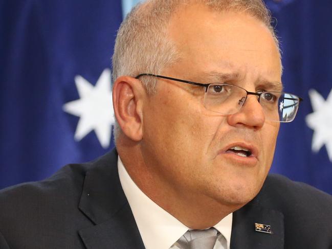 SYDNEY, AUSTRALIA - NewsWire Photos APRIL 22, 2021 - Prime Minister Scott Morrison addresses the summit from the Sydney Commonwealth Parliament Offices.Picture: NCA NewsWire / Christian Gilles