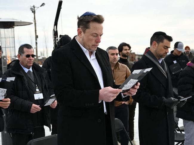 This handout picture released by the European Jewish Association shows X (formerly Twitter) CEO Elon Musk next to Conservative political commentator, writer and lawyer Ben Shapiro at the Memorial and Museum Auschwitz-Birkenau former German Nazi concentration and extermination camp during an EJA (European Jewish Assiciation) Delegation to Auschwitz 2024, on January 22, 2024 in Oswiecim, Poland. (Photo by Yoav DUDKEVITCH / European Jewish Association / AFP) / RESTRICTED TO EDITORIAL USE - MANDATORY CREDIT "AFP PHOTO /Yoav Dudkevitch/EUROPEAN  JEWISH ASSOCIATION" - NO MARKETING - NO ADVERTISING CAMPAIGNS - DISTRIBUTED AS A SERVICE TO CLIENTS