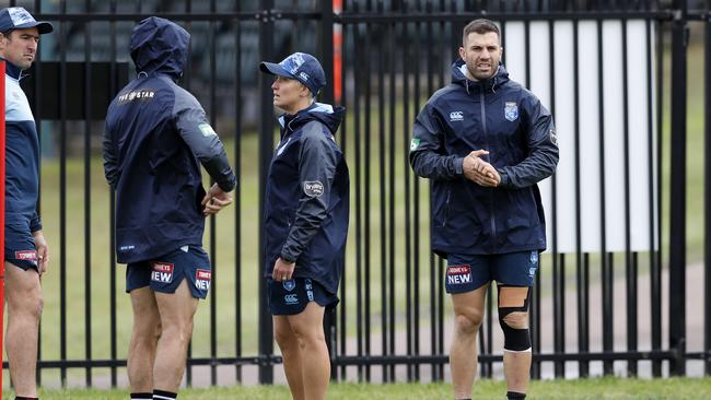 James Tedesco with his knee strapped at the NSW training session, held at the Wyong Rugby League Club. Picture: Jonathan Ng