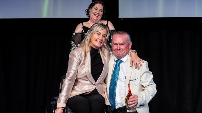 Event MC Karni Liddell with Outstanding Volunteer Award winner Daryl Nicholson and sponsor Angie Brown from Angie’s Domestic Duties. Picture: Matt Ryan