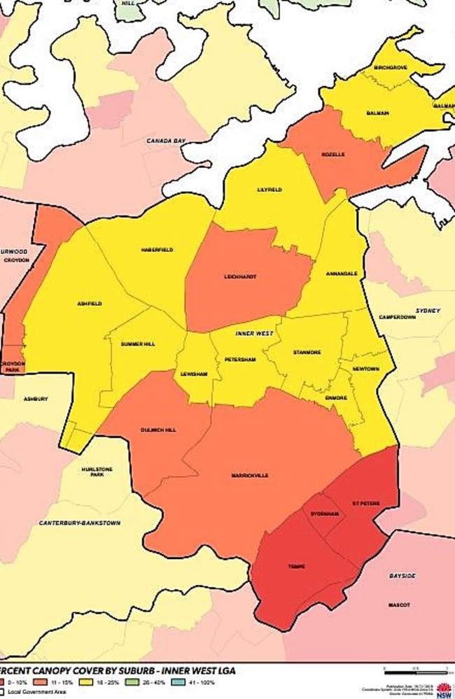 The suburb-by-suburb breakdown of tree cover in the Inner West. Map: Department of Planning and Environment