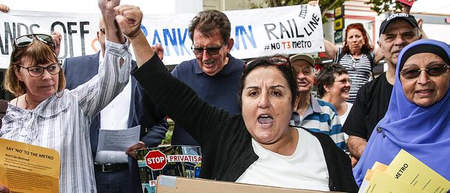 Former Canterbury deputy mayor Barbara Coorey leads the protest against Sydney Metro South West earlier this month. Picture: Carmela Roche