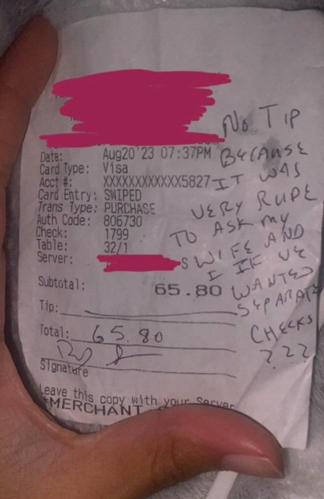 The diners said they didn’t leave a tip because it was ‘rude’ of the waitress to ask if they’d like a split bill. Picture: Reddit