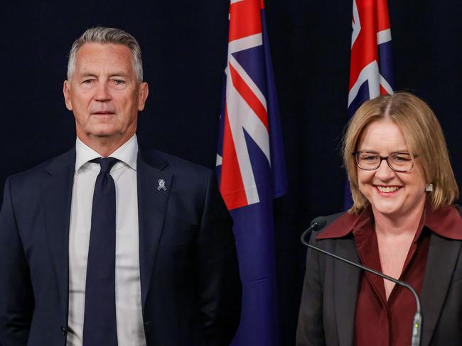 Victoria’s new Police Chief Commissioner Mike Bush fronts the media with Premier Jacinta Allan. Picture: Ian Currie