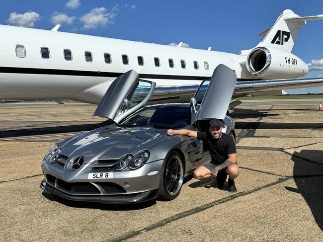 Adrian Portelli with his new SLR McLaren 722S and his private jet. Picture: Instagram