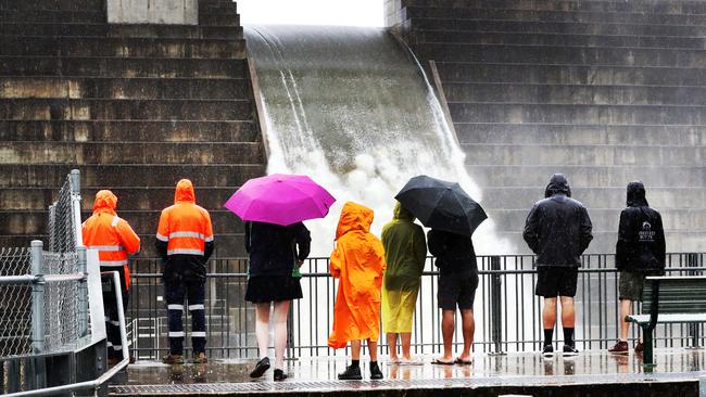 Hinze Dam overflowing. Picture: NIGEL HALLETT