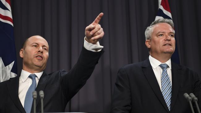 Treasurer Josh Frydenberg (left) and Finance Minister Mathias Cormann. Picture: AAP/Lukas Coch