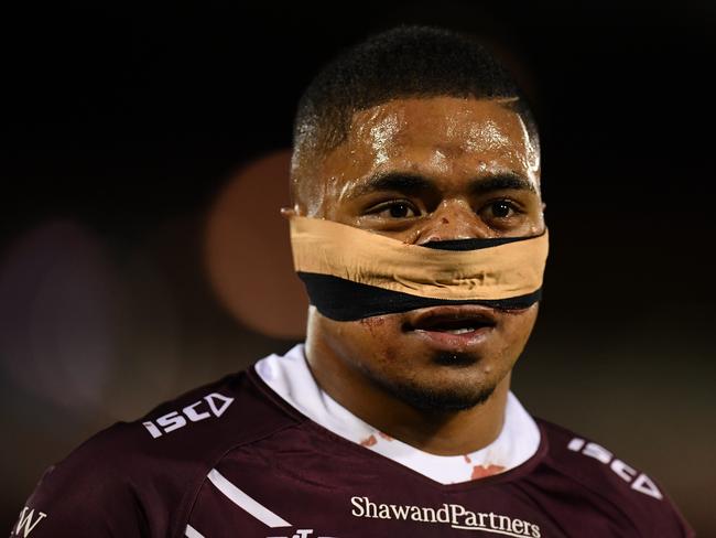 Manase Fainu of the Sea Eagles with his nose strapped during the Round 12 NRL match between the Penrith Panthers and the Manly Sea Eagles at Panthers Stadium in Sydney, Thursday, May 30, 2019 (AAP Image/Dean Lewins) NO ARCHIVING, EDITORIAL USE ONLY