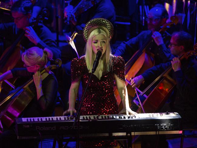 Kate Miller-Heidke performs with the Tasmanian Symphony Orchestra at MONA, on one of her many previous visits to Tasmania. Picture: MONA/Remi Chauvin.