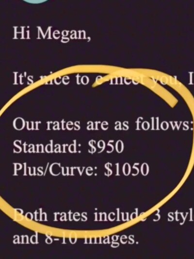 The email revealed the photographer charges more for plus-size models. Picture: TikTok