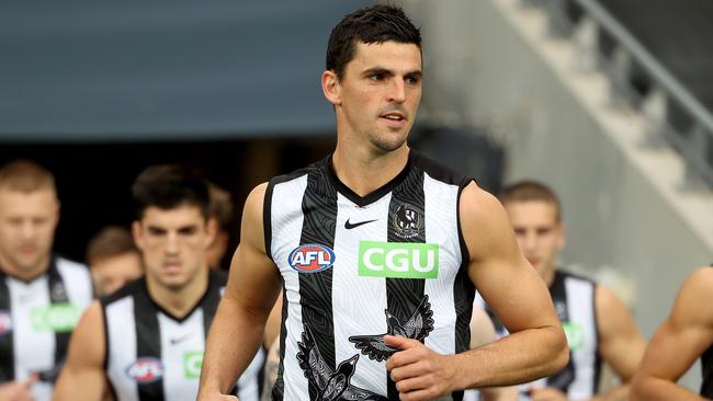 Pendlebury has a big job ahead leading the Magpies for the remainder of a difficult 2021 season. Picture: James Elsby/AFL Photos via Getty Images