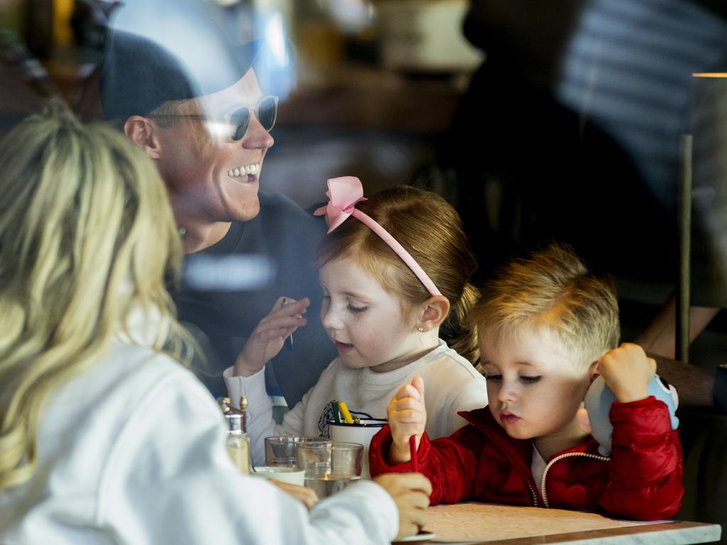 Roxy Jacenko and husband Oliver Curtis have brunch at Bills restaurant, Bondi Beach with their two children Pixie, 5, and Hunter, 3. Picture: Jenny Evans