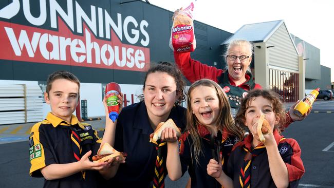 Kidman Park Scout Group - Lewis Mazza, Alicia McNeill, Jaylah Franklin and Bailey Mazza are excited about their weekend fundraiser at Bunnings’ Adelaide Airport store with support from Bunnings employee Josephine Renshaw. Picture: Tricia Watkinson