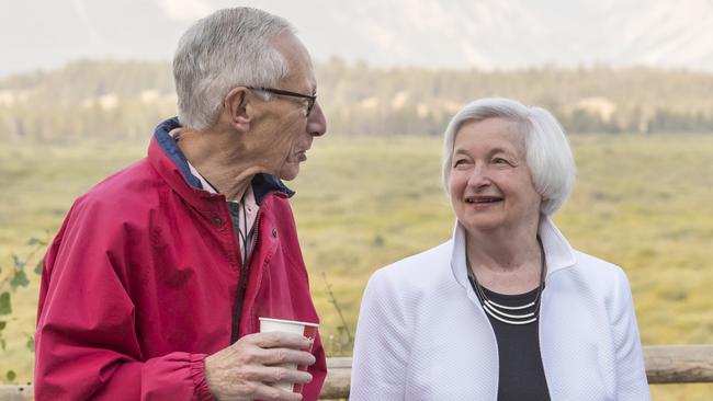 Stanley Fischer and Janet Yellen at the Jackson Hole economic symposium in 2016. Picture: Bloomberg