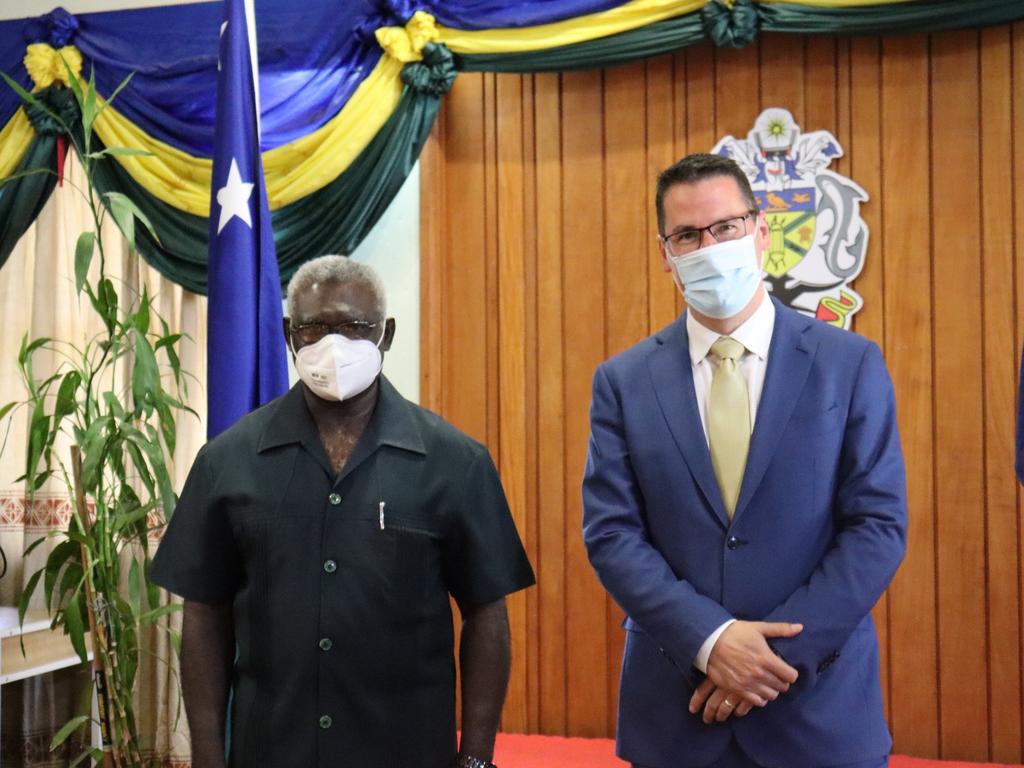 Solomon Islands Prime Minister Manasseh Sogavare (left) and Minister for International Development and the Pacific Zed Seselja. Australia’s relationship with the Solomon Islands has grown uncomfortably cold.
