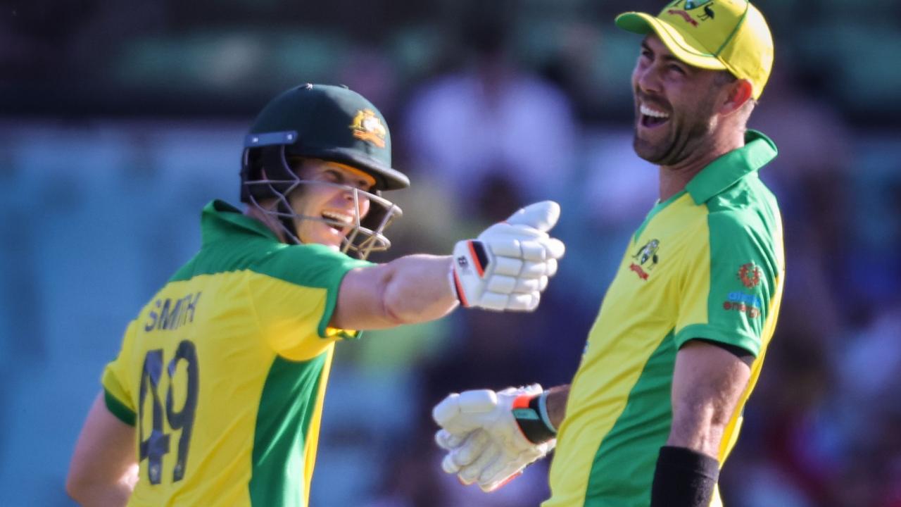 Glenn Maxwell (right) has been loving the work of Steve Smith during the ODI series. Picture: David Gray / AFP