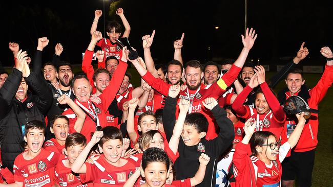 Campbelltown City players and supporters celebrate after National Premier Leagues final. Picture: AAP/Mark Brake/Getty Images