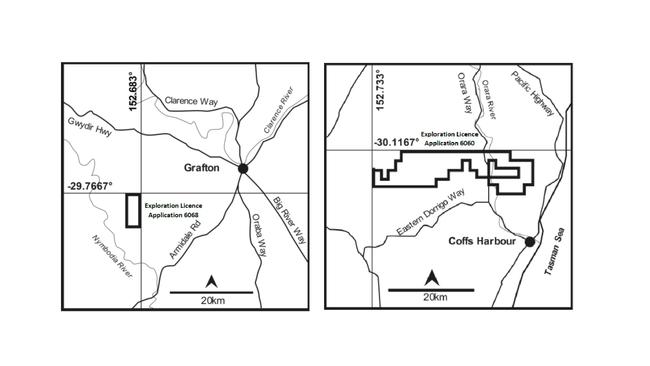 Two exploration licence applications submitted by Christopher Wilson Investments for mining in the Coffs/Clarence region.