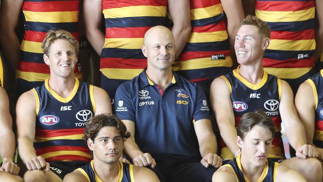 Coach Matthew Nicks, flanked by Rory Sloane (left) and Tom Lynch, has not put a foot wrong since arriving at Adelaide. Picture: Sarah Reed