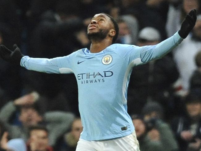 Manchester City's Raheem Sterling celebrates after scoring his side second goal during the English Premier League soccer match between Manchester City and Southampton at Etihad stadium, in Manchester, England, Wednesday, Nov. 29, 2017. (AP Photo/Rui Vieira)