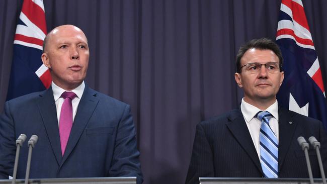 Minister for Home Affairs Peter Dutton and newly appointed Australian Federal Police AFP Commissioner Reece Kershaw at Parliament House today. Picture: AAP/Mick Tsikas