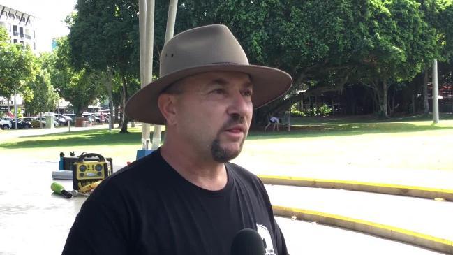 Cairns Safe Knights held a rally against crime in North Queensland.at Fogarty Park. Attila Feher-Holan who runs the community patrol group Cairns Safe Knights, speaks at the rally.