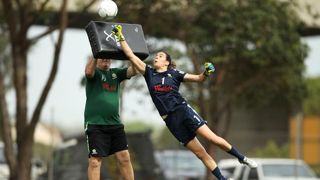 Matildas goalkeeper Lydia Williams: ‘It’s good to see that we’re not going to Wuhan.’ Picture: Getty Images