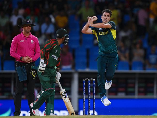 Pat Cummins in action against Bangladesh. Picture: Gareth Copley/Getty Images