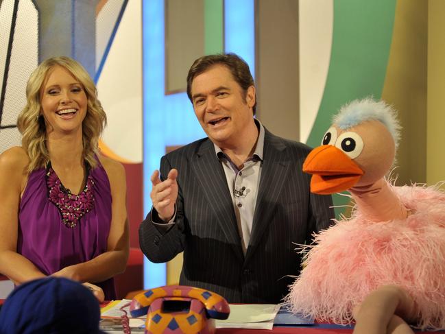 Livinia Nixon, Daryl Somers and Ossie Ostrich on the set of Hey Hey It's Saturday. Picture: Channel 9