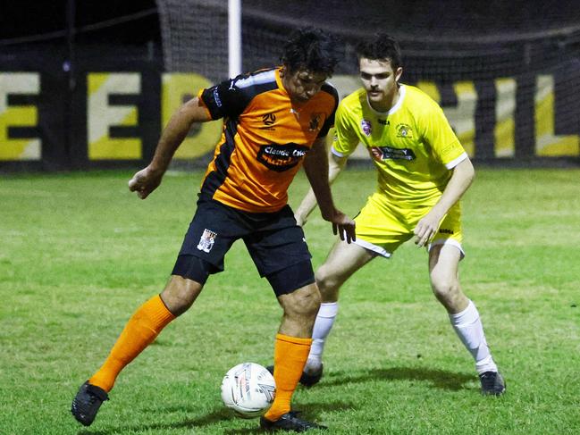 Mareeba veteran Wayne Srhoj controls the tempo in the FQPL major semi final between Edge Hill United and Mareeba United, held at Tiger Park, Manunda. Picture: Brendan Radke