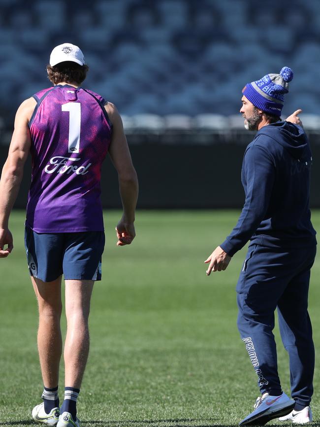 Chris Scott and Rhys Stanley run through some structural chat at training. Picture: Alan Barber