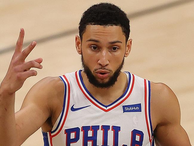 ATLANTA, GEORGIA - JUNE 18:  Ben Simmons #25 of the Philadelphia 76ers calls out a play against the Atlanta Hawks during the first half of game 6 of the Eastern Conference Semifinals at State Farm Arena on June 18, 2021 in Atlanta, Georgia.  NOTE TO USER: User expressly acknowledges and agrees that, by downloading and or using this photograph, User is consenting to the terms and conditions of the Getty Images License Agreement. (Photo by Kevin C. Cox/Getty Images)