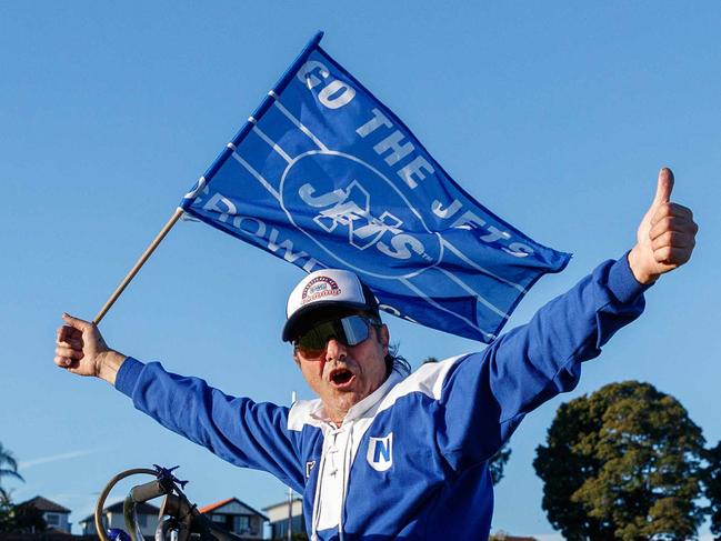 WEEKEND TELEGRAPH JUNE 24, 2023Newtown Jets versus Parramatta at Henderson Park in Marrickville today. John Trad does a lap of the field each time the Jets score. He is pictured on the ground at half time. Picture: David Swift