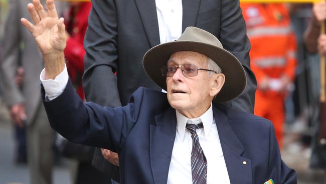 Marle Juster, 92, at the Anzac Day Parade in Brisbane City last year. Picture: Jono Searle