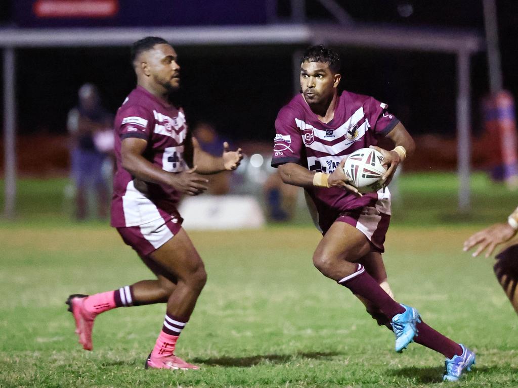 Yarrabah's Andrew Garrett looks to pass in the Far North Queensland Rugby League (FNQRL) Men's minor semi final match between the Innisfail Leprechauns and the Yarrabah Seahawks, held at Smithfield Sporting Complex. Picture: Brendan Radke