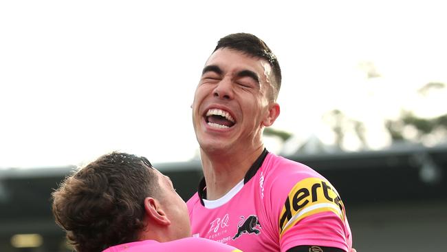 Penrith's Charlie Staines scores a try during the NRL match between the Cronulla Sharks and Penrith Panthers at Kogarah Oval. Pic: Phil Hillyard