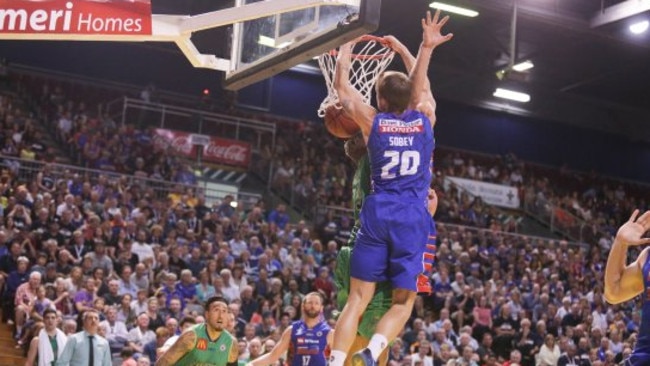 Adelaide 36ers Nathan Sobey dunking against the Townsville Crocs at Adelaide Arena . Source Twitter