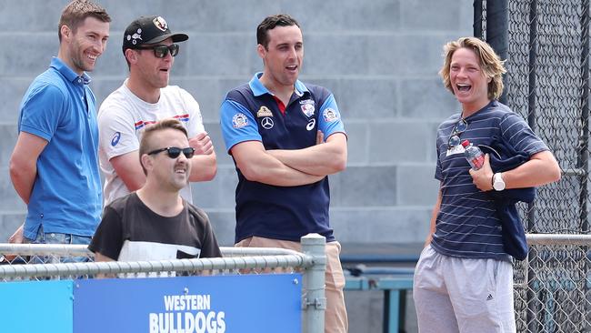 Cody Weightman watches the Bulldogs train with the club’s recruiting staff. Picture: Michael Klein