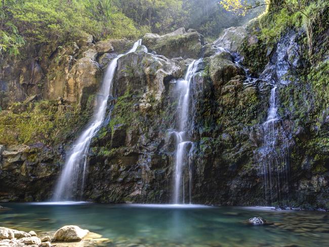 Triple Waterfall called Upper Waikuni Falls or Three Bear Falls of the Wailua Nui Stream along the Road to Hana on Maui Island in Hawaii. Picture: iStock