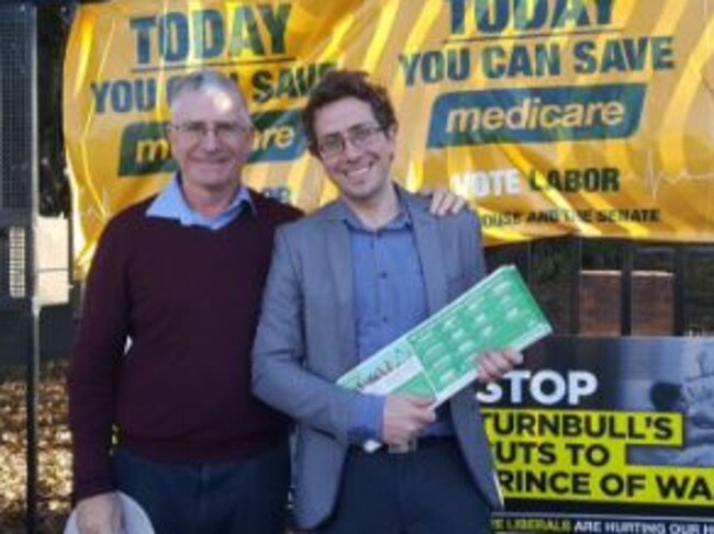 Greens candidate for Kingsford Smith James Macdonald with his father, Peter Macdonald, at Botany Public School.