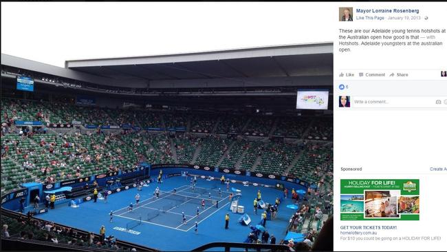 A screengrab from Onkaparinga Mayor Lorraine Rosenberg’s Faceboo page, showing a post from the Australian Open. Picture: Facebook