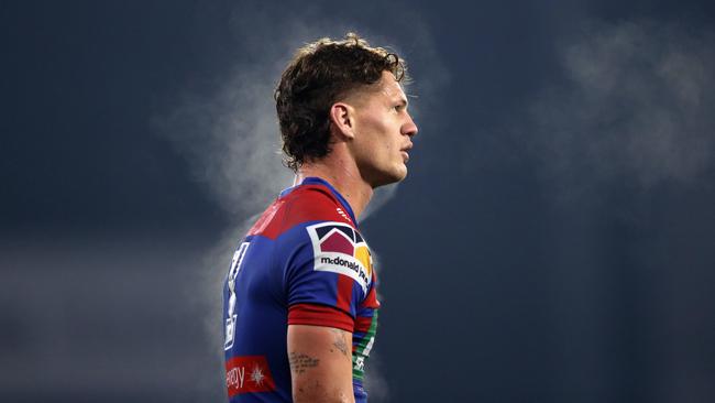 A steamy Kalyn Ponga looks on after the Knights got home over the Sea Eagles. Picture: Ashley Feder/Getty Images